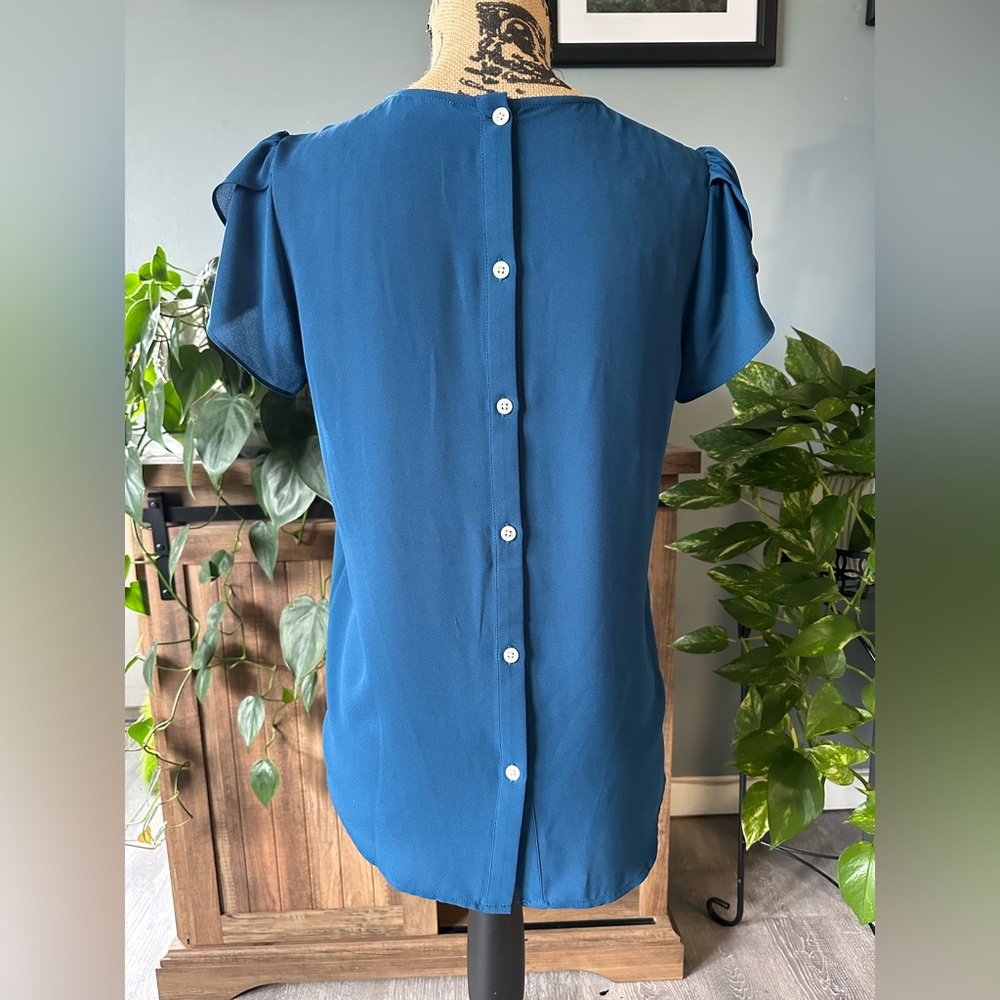 LOFT Dark Teal Button Back Blouse with Tulip Sleeves. - Picture 3 of 4